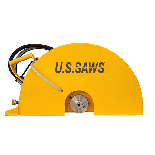 U.S. Saws hydraulic hand-held saw with full blade guard, side view