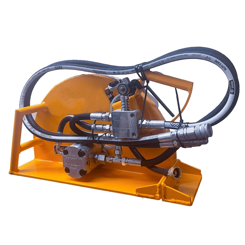 Hydraulic hand-held saw on a stand with hoses coiled