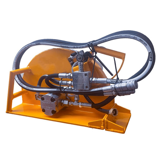 Hydraulic hand-held saw on a stand with hoses coiled