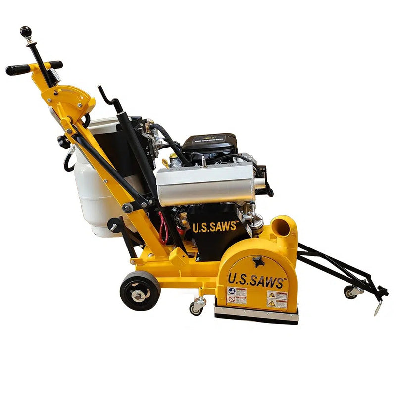 U.S. Saws JS-160 propane joint clean-out saw, side view with propane tank