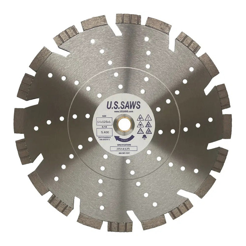 Bare steel blade with tall stepped segments spaced widely around the rim and a ring of cooling holes inside them