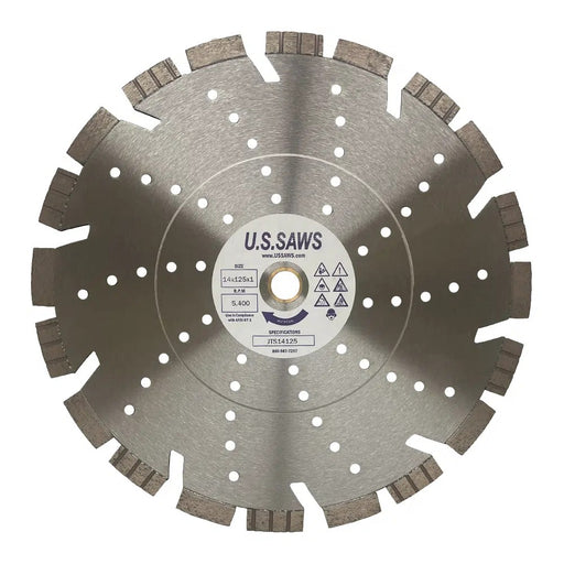 Bare steel blade with tall stepped segments spaced widely around the rim and a ring of cooling holes inside them