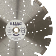 Close view of the same blade, hub label printed with the size and speed above the cooling hole ring
