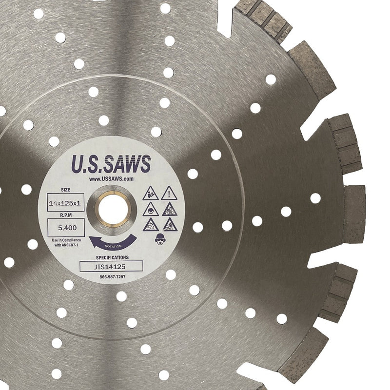 Close view of the same blade, hub label printed with the size and speed above the cooling hole ring