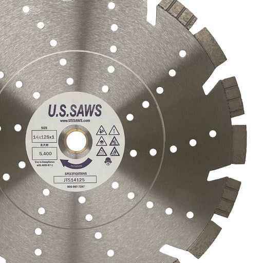Close view of the same blade, hub label printed with the size and speed above the cooling hole ring
