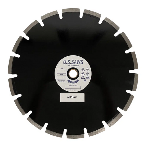 Black asphalt diamond blade, full face view, wide chevron segments with deep gullets