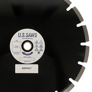 Black asphalt blade at closer range, U.S.SAWS hub label reading asphalt