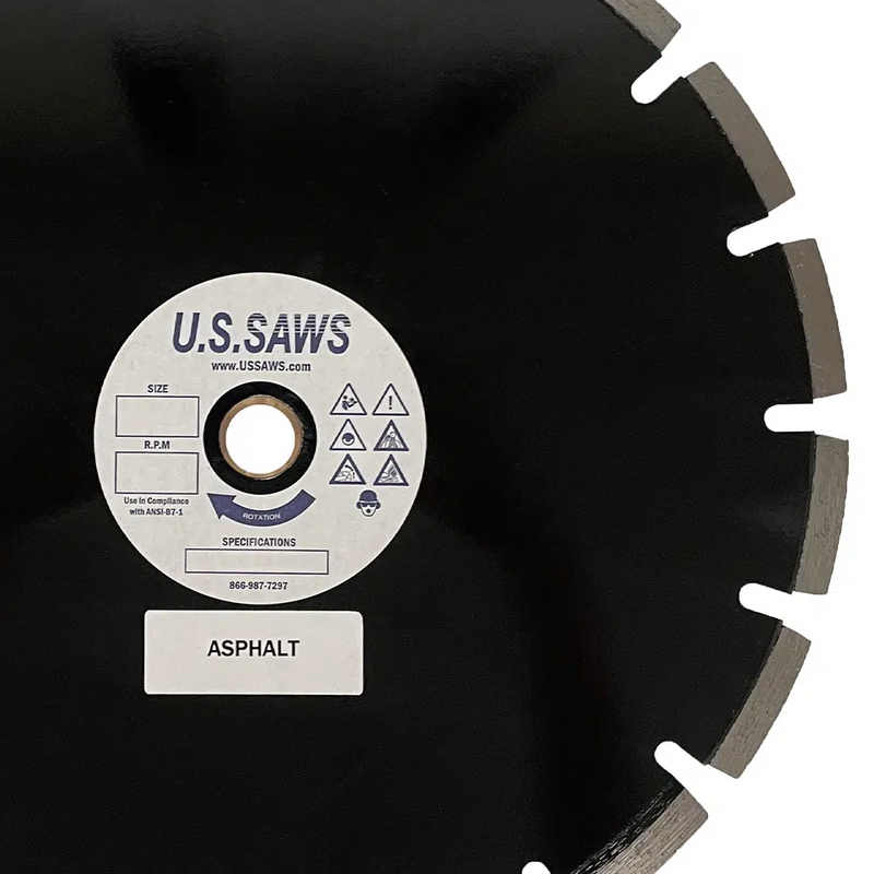 Black asphalt blade at closer range, U.S.SAWS hub label reading asphalt