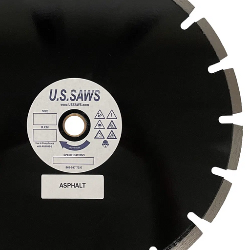 Black asphalt blade at closer range, U.S.SAWS hub label reading asphalt