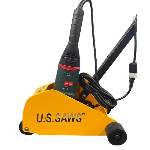 Close view of the Metabo W26-230 grinder mounted on the MC-60 frame