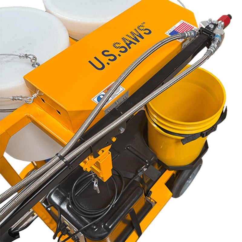 One Man Polymer Pump wand holder and waste bucket strapped to the frame