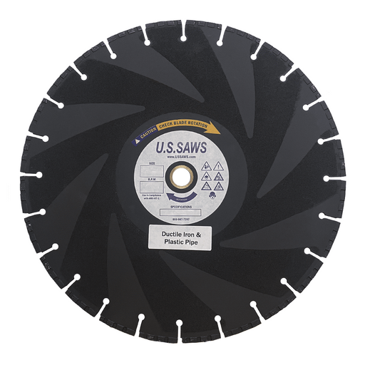 Dark pipe cutting blade, full face view, swept curved segments running to the rim