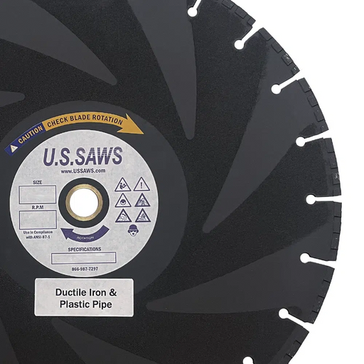 Pipe cutting blade at closer range, hub label reading ductile iron and plastic pipe beside a blade rotation caution arrow