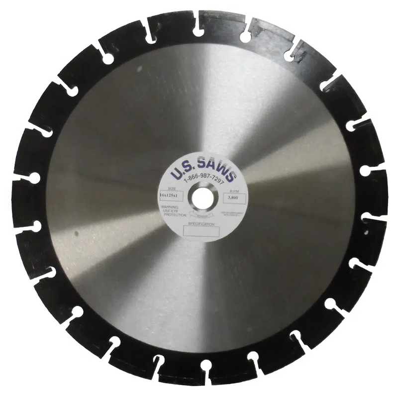 Large diamond blade with a black segmented rim band and a polished steel core, U.S.SAWS hub label at the centre