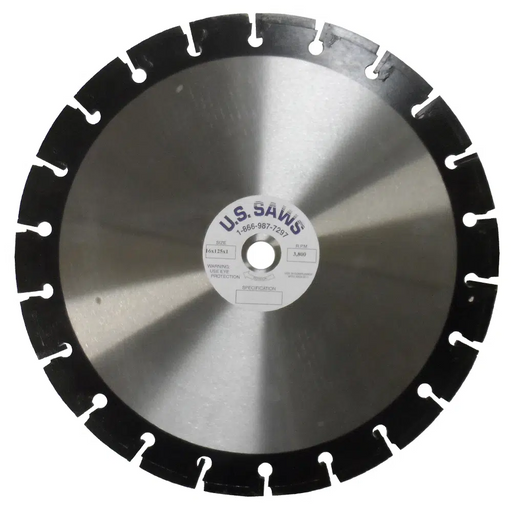 Large diamond blade with a black segmented rim band and a polished steel core, U.S.SAWS hub label at the centre