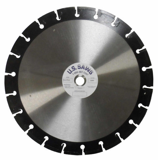 Black rimmed blade seen square on, drop slots cut between the rim segments and a brushed core