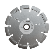 Steel blade with a denser ring of curved segments and a drive pin hole beside the bore