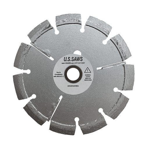 Steel blade with a denser ring of curved segments and a drive pin hole beside the bore