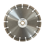 Diamond blade with a close-set segment rim and a brushed steel core, small holes set just inside the rim