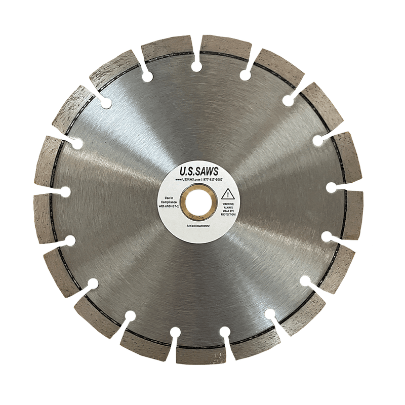 Diamond blade with a close-set segment rim and a brushed steel core, small holes set just inside the rim