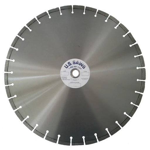 Diamond blade with a close-set grey segment rim and a brushed steel core, U.S.SAWS hub label at the centre