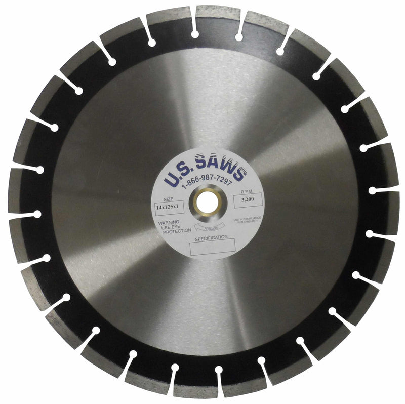 Diamond blade seen square on, dark rim segments separated by narrow gullets around a polished core