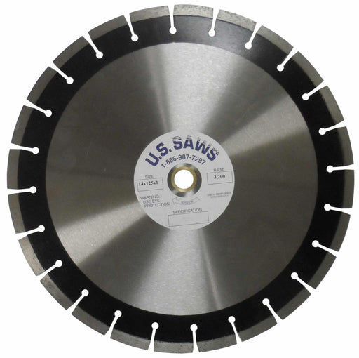 Diamond blade seen square on, dark rim segments separated by narrow gullets around a polished core