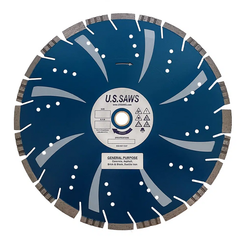 Blue multipurpose blade, full face view, pale swept segments across the core inside a segmented rim