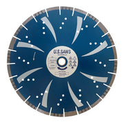 Blue multipurpose blade, face view, swept segments and cooling holes around a printed hub label