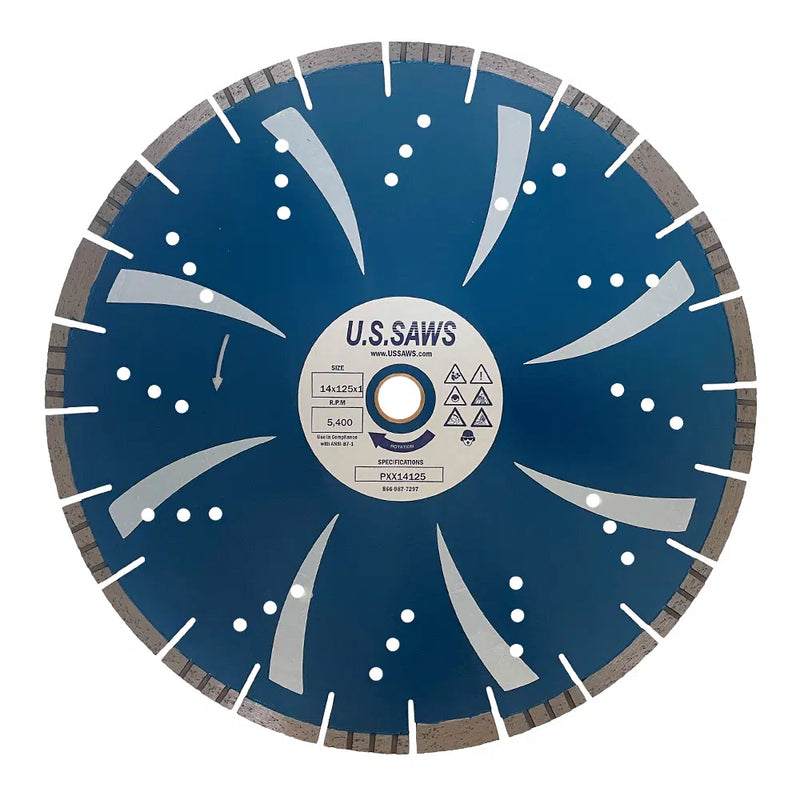 Blue multipurpose blade, face view, swept segments and cooling holes around a printed hub label
