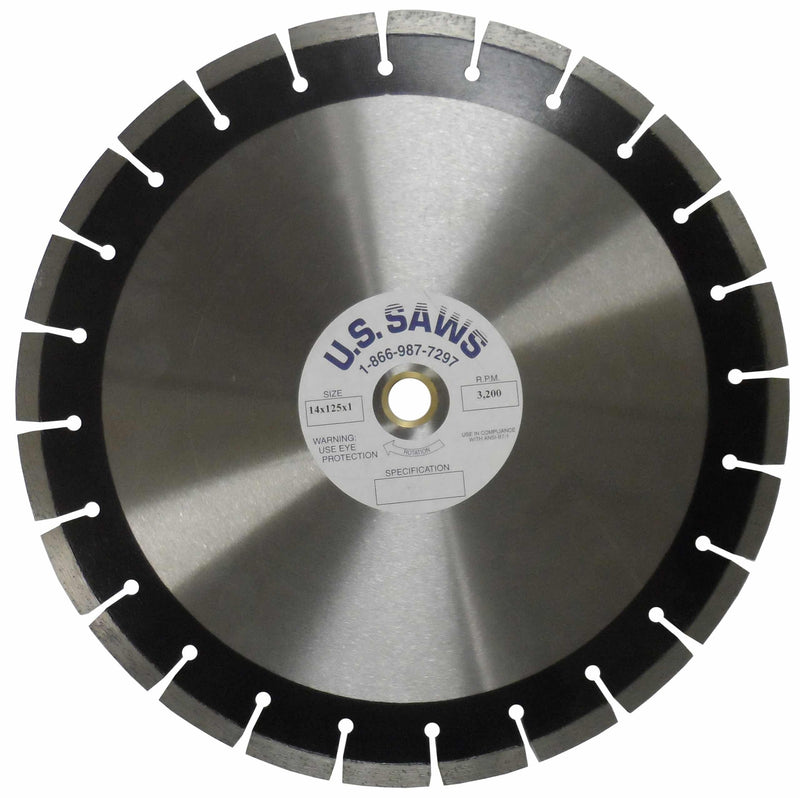 Diamond blade with a grey diamond-matrix rim band around a polished steel core, U.S.SAWS hub label at the centre