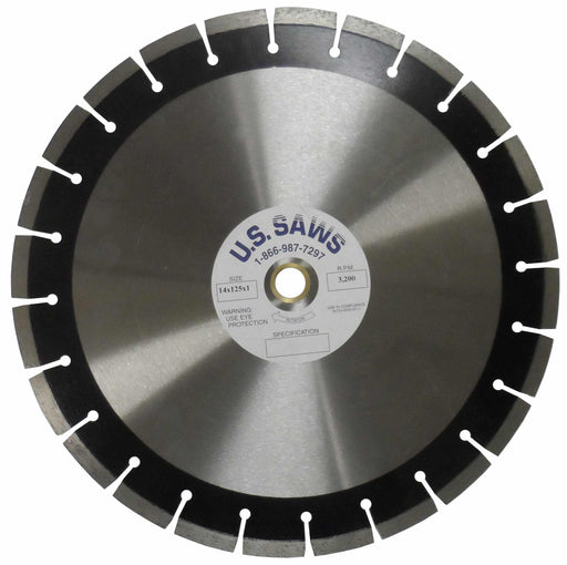 Diamond blade with a grey diamond-matrix rim band around a polished steel core, U.S.SAWS hub label at the centre