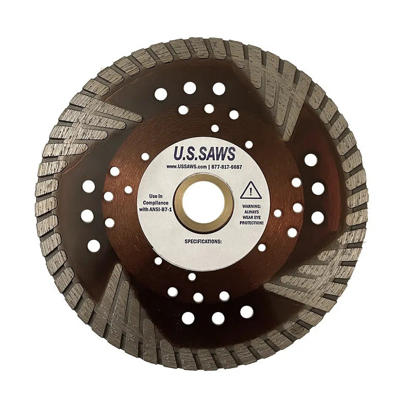 Small blade with a bronze coloured core, a continuous turbo rim and two rings of cooling holes around the hub label