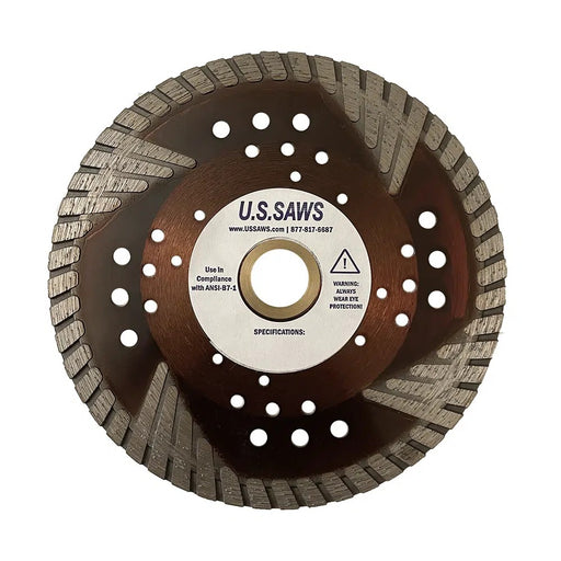 Small blade with a bronze coloured core, a continuous turbo rim and two rings of cooling holes around the hub label