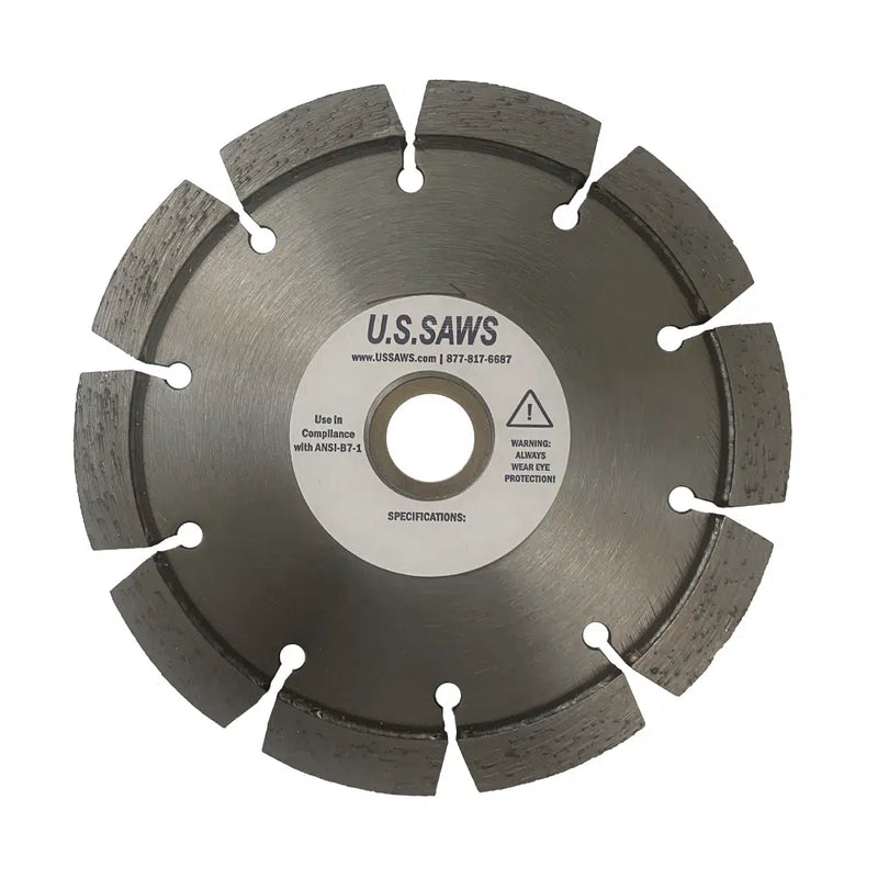 Small diamond blade with widely spaced tall rim segments and a plain steel core, U.S.SAWS hub label at the centre