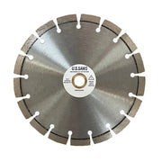 Diamond blade with a close-set segment rim and a brushed steel core, small holes set just inside the rim
