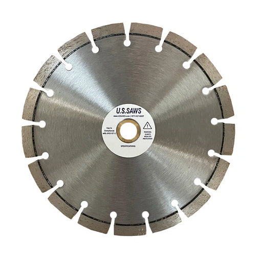 Diamond blade with a close-set segment rim and a brushed steel core, small holes set just inside the rim