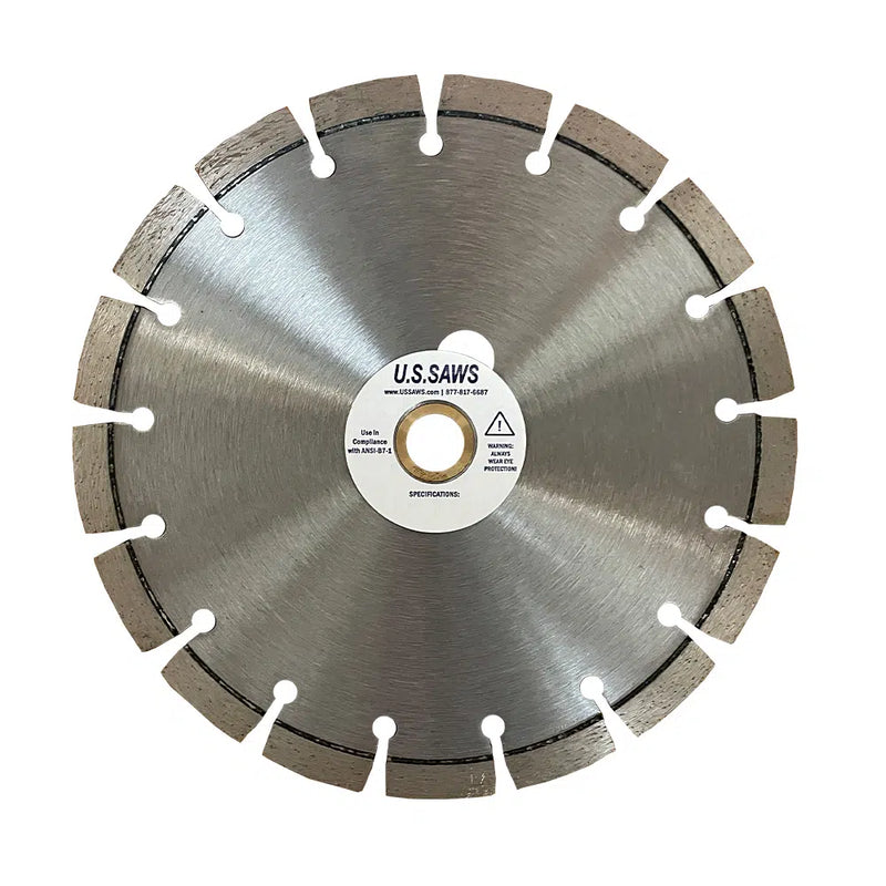 Diamond blade with a close-set segment rim and a brushed core, holes arranged in a ring around the arbor