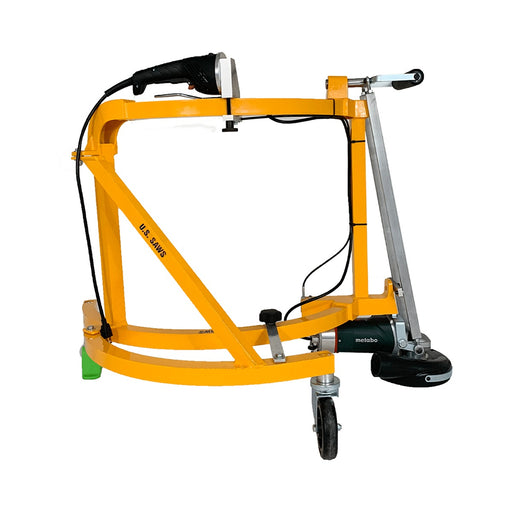 U.S. Saws TC-7 stand-up edger frame with outrigger caster, grinder head lowered