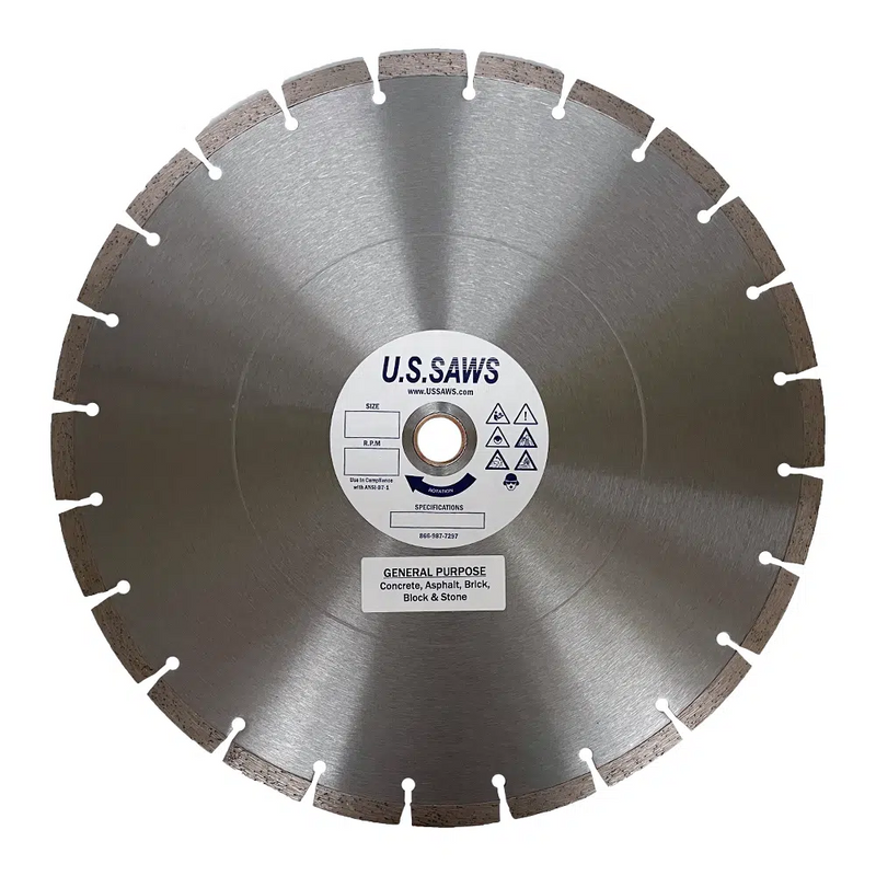 Bare steel general purpose blade, full face view, segmented rim and radial core finish