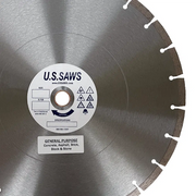 Bare steel general purpose blade at closer range, hub label reading concrete, asphalt, brick, block and stone