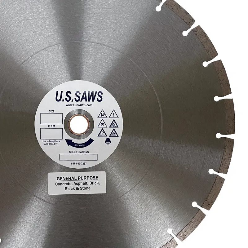 Bare steel general purpose blade at closer range, hub label reading concrete, asphalt, brick, block and stone