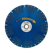 Blue blade carrying a yellow arrow label reading caution check blade rotation across the hub