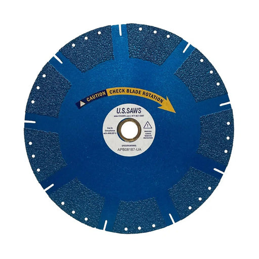 Blue blade carrying a yellow arrow label reading caution check blade rotation across the hub