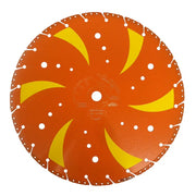 Orange blade with yellow swept segments and holes cut through the core, full face view