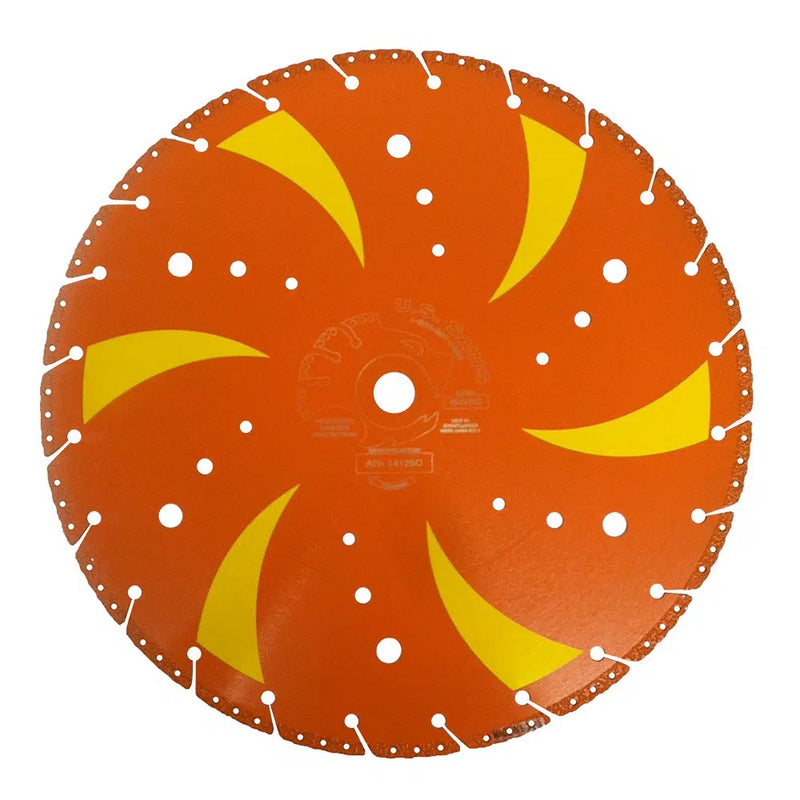 Orange blade with yellow swept segments and holes cut through the core, full face view