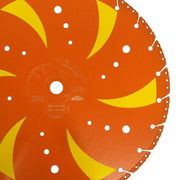 Orange blade at closer range, showing the brazed rim, the cored holes and the hub