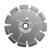 Steel blade with a denser ring of curved segments and a drive pin hole beside the bore